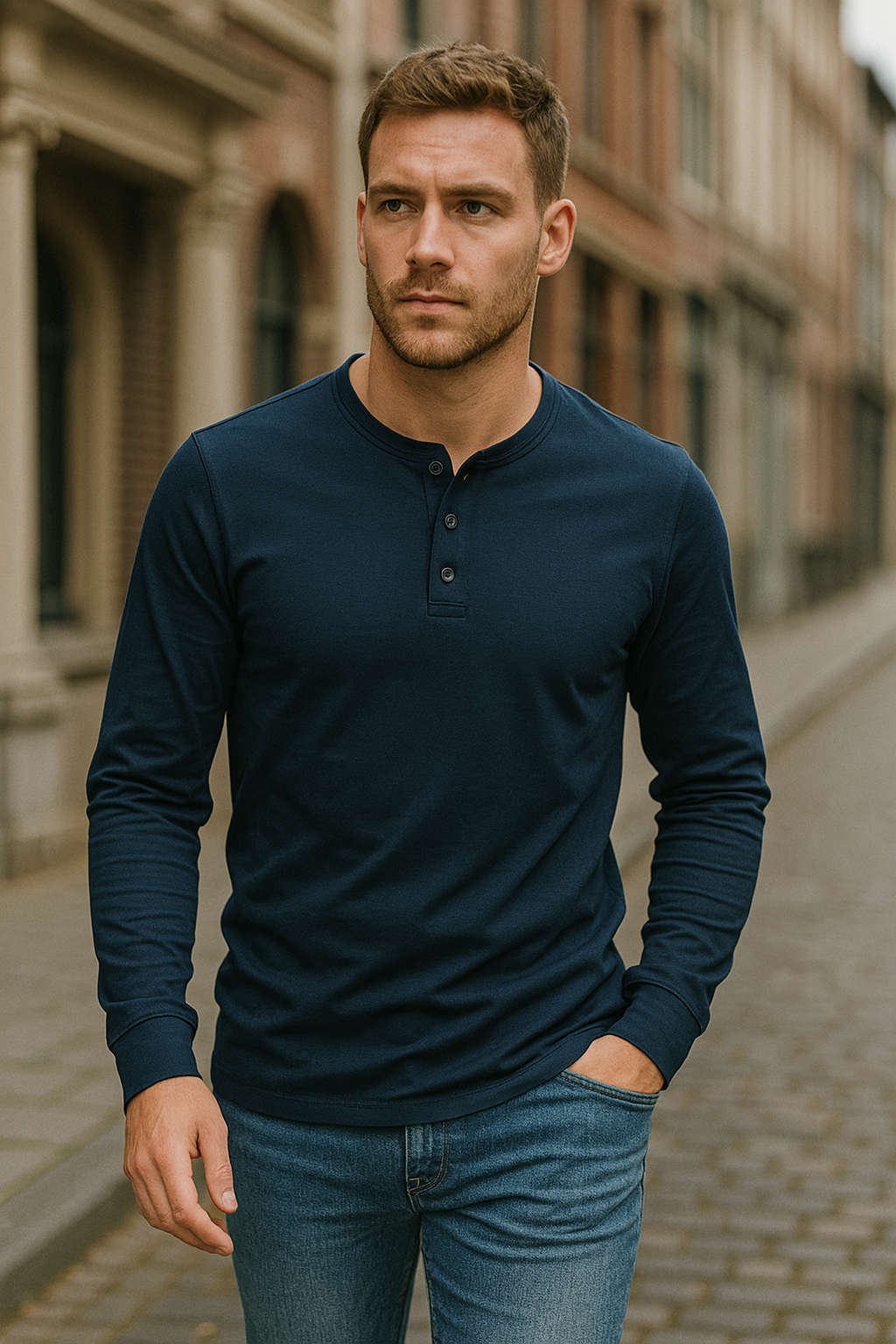 Klassiek Heren Katoen Henley Shirt met Lange Mouwen